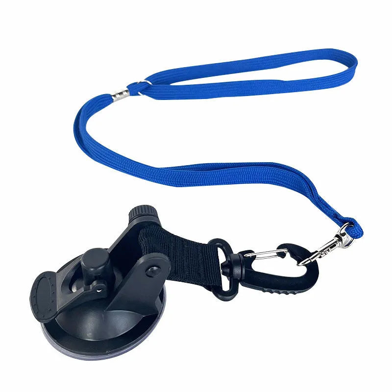 Pet bathing restraint kit with suction cups, traction rope, and handcuffs in black or blue.