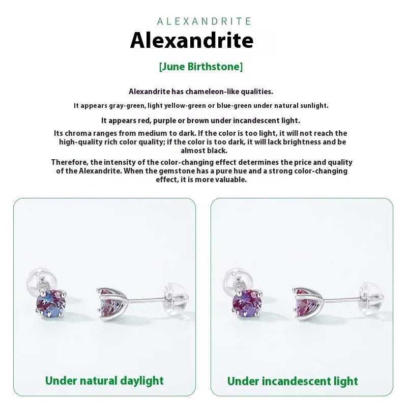925 silver Alexander stone ear studs with geometric shape and cultivate Alexandrite colour