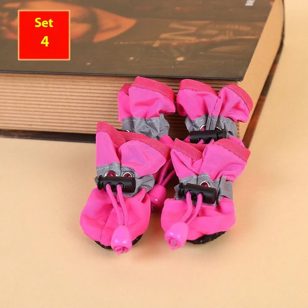 Soft sole cloth dog shoes showing multiple colour options including fleece-lined and monkey print designs