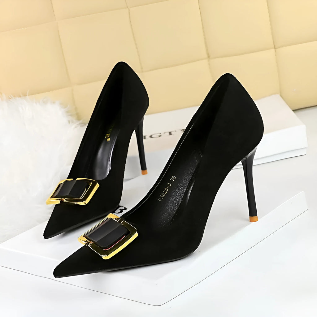 Black suede women's court shoes with a 9cm stiletto heel and pointed toe.