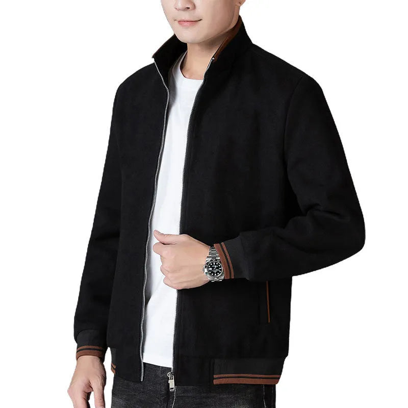 Men's grey fleece zip-up jacket with side pockets on a hanger