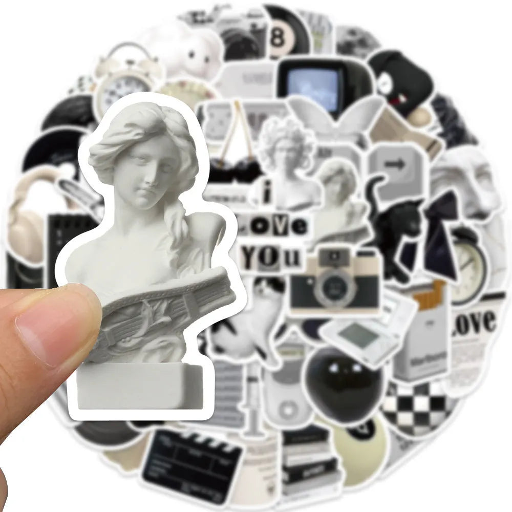 Black and white sticker set with 61 pieces, PVC waterproof material for laptops and cups