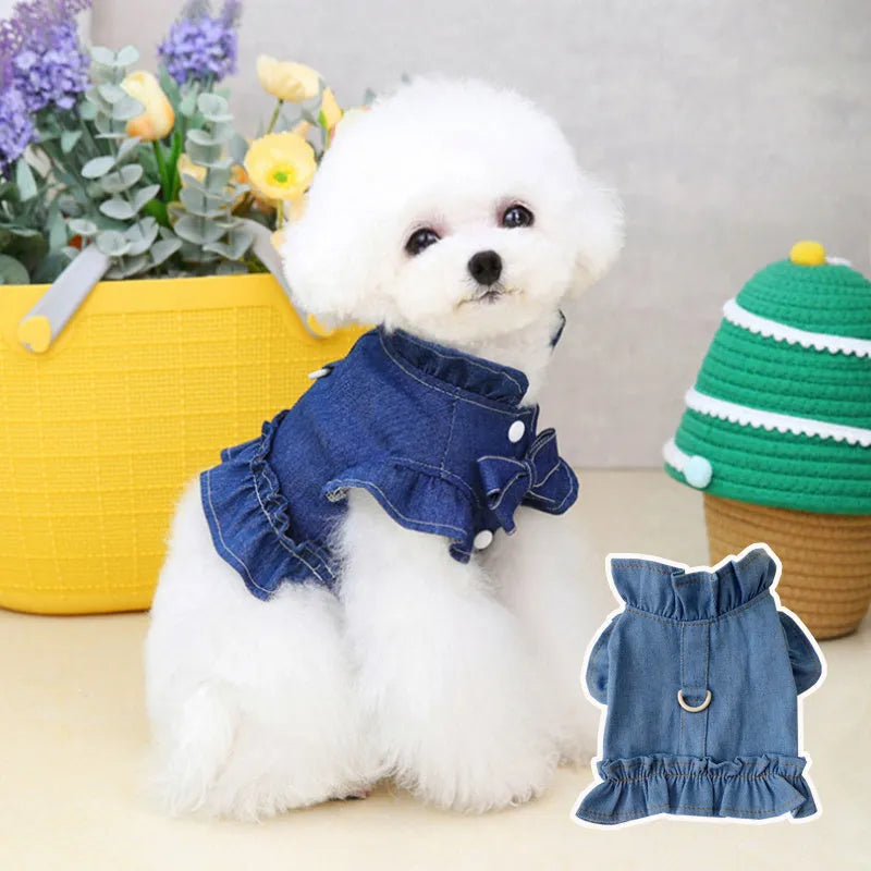Blue denim pet dress with ruffle trim and leash hook attachments on chest and back
