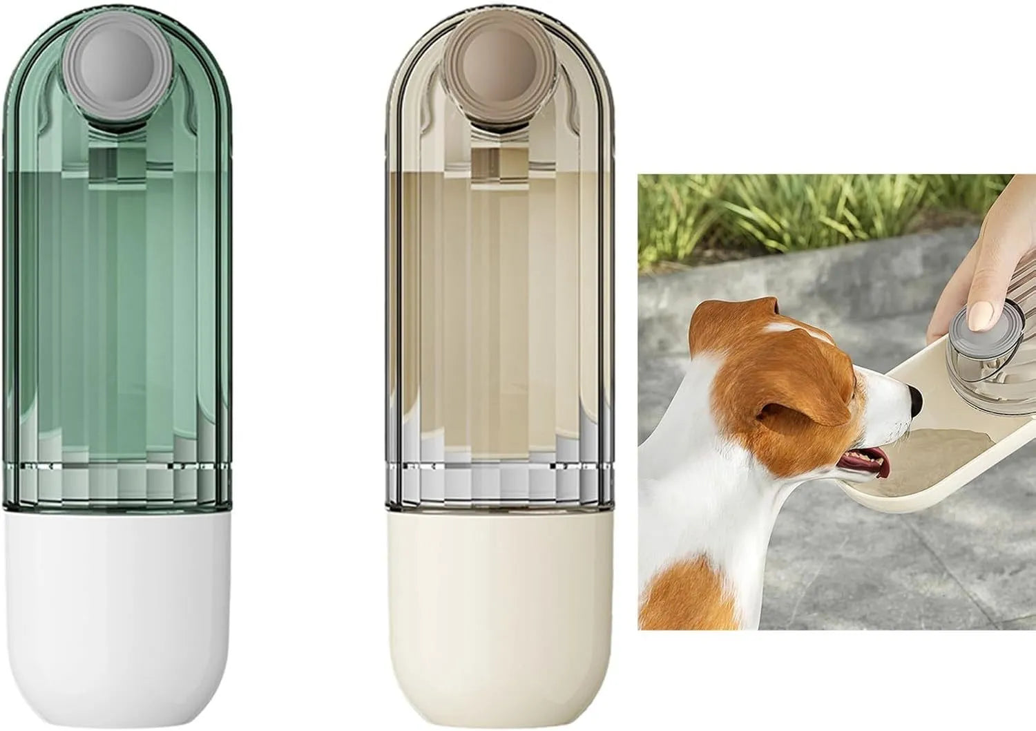 Beige and green foldable dog water bottle with food dispenser for outdoor use