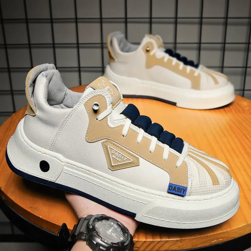 Men's beige low-top sneakers with elastic band and round toe on a white background