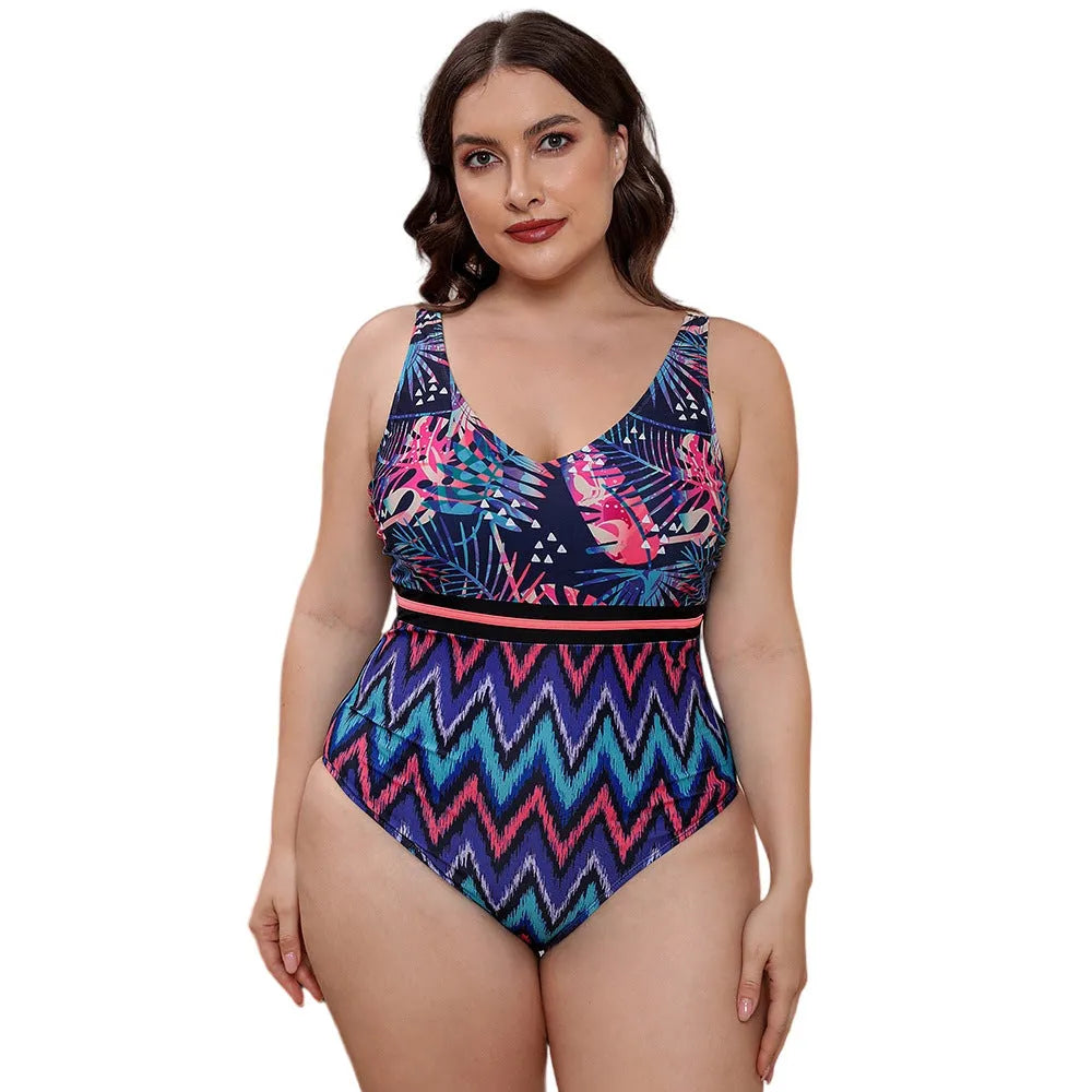 Blue printed spaghetti strap one-piece swimsuit with a striped vest design on a mannequin.