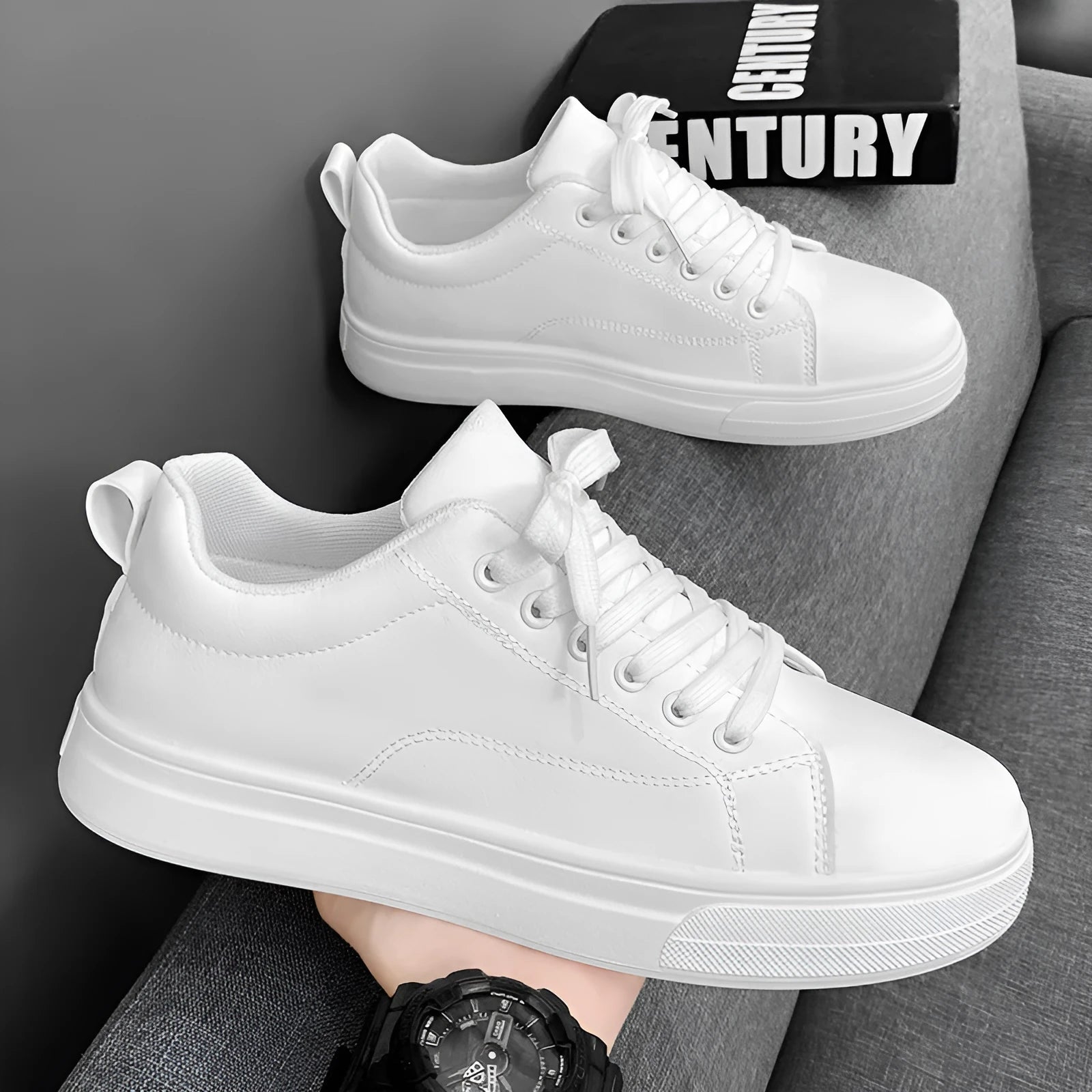 Men's low-top Korean-style sneakers in white and black colour options with round toe and flat rubber sole