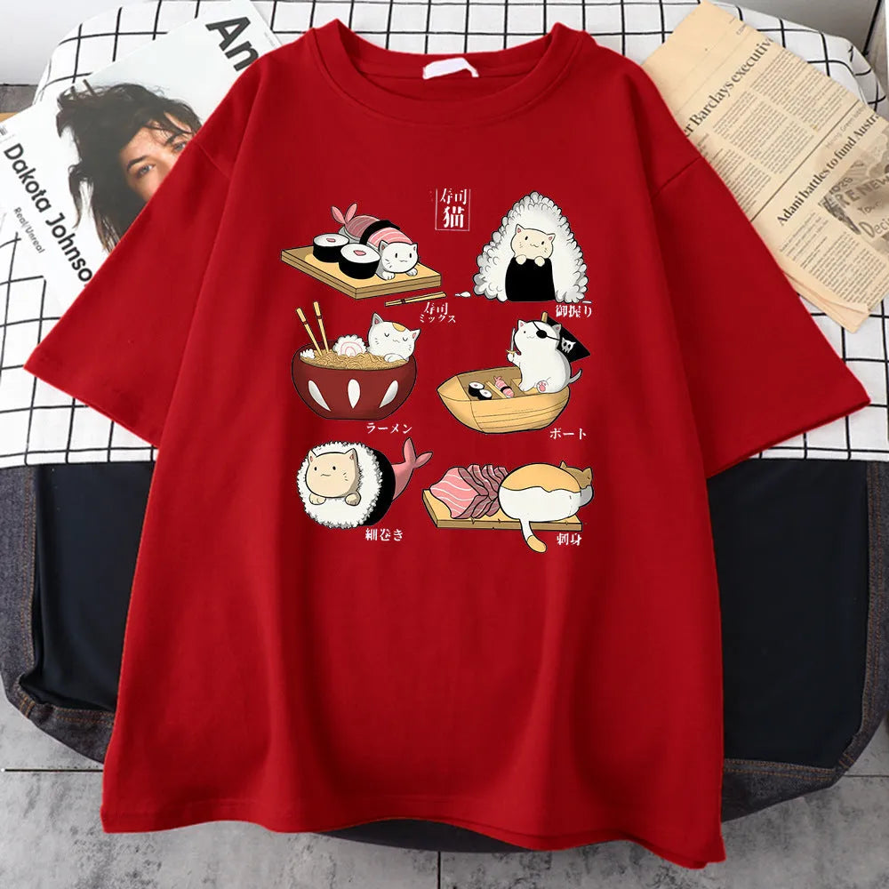 Men's cotton T-shirt with cartoon cat sushi design in loose fit with short sleeves