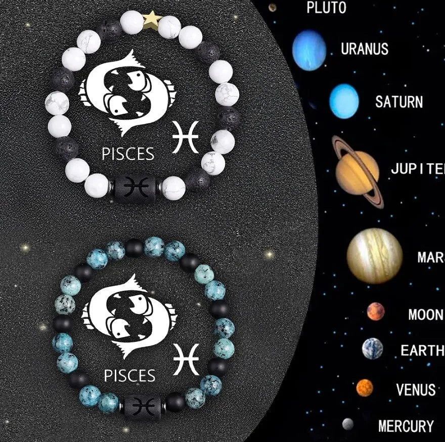 Set of twelve natural stone beaded bracelets showing different zodiac sign designs.