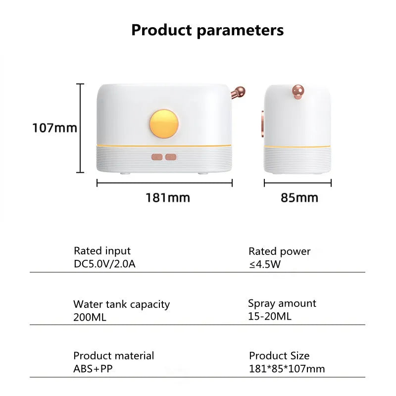 Black simulation flame USB humidifier with 200ml tank on a desktop showing mist and light effect