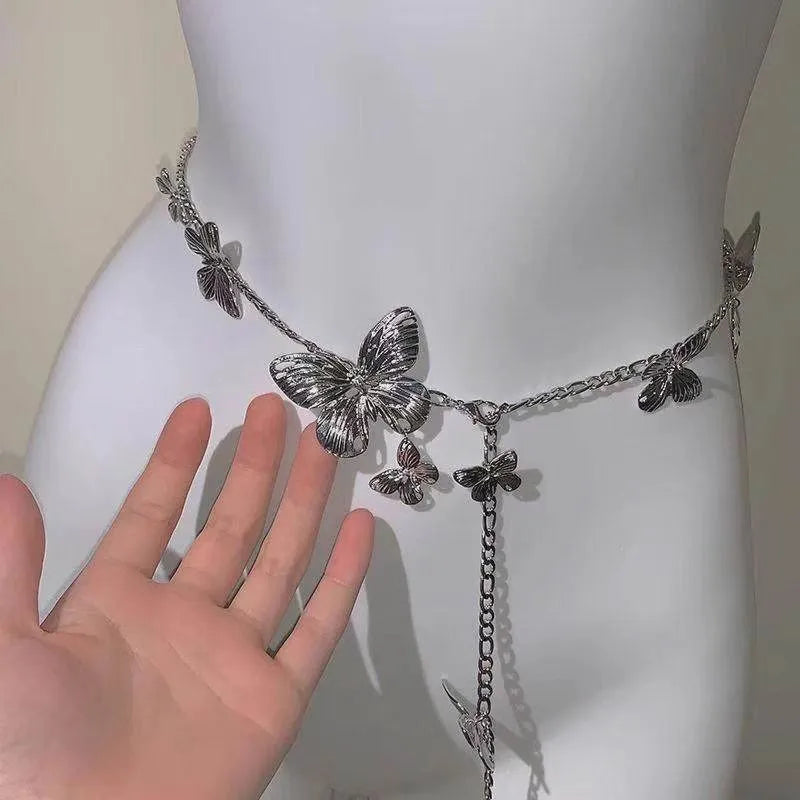 Gold butterfly waist chain with 104cm length and 40cm width on mannequin