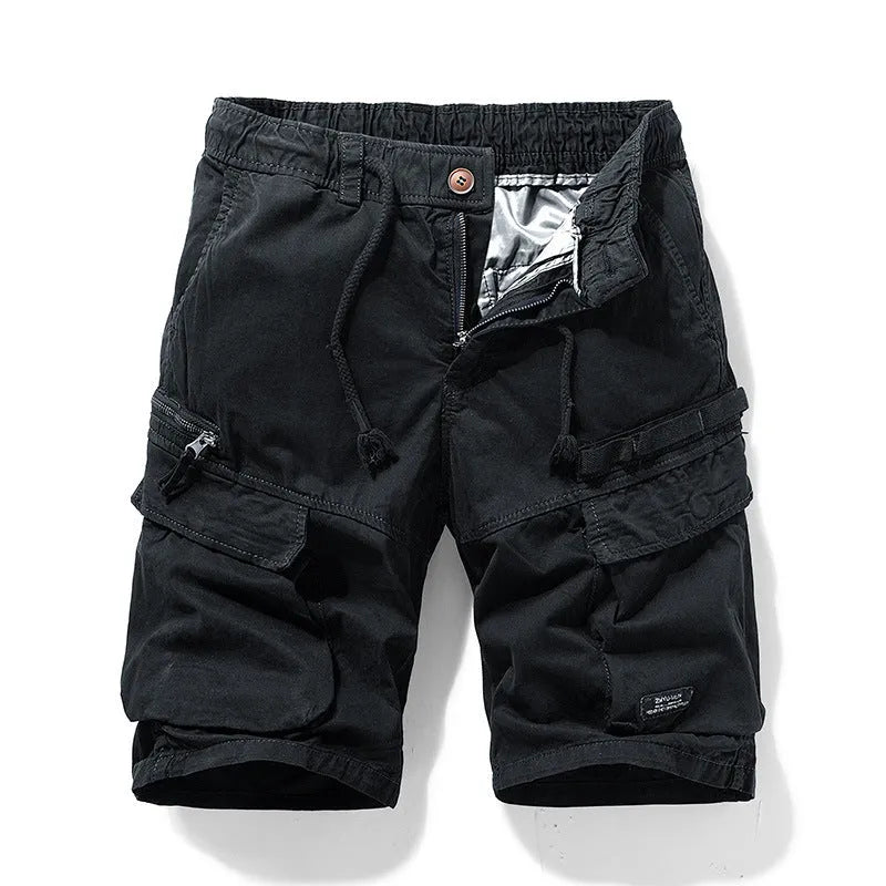 Men's cotton summer shorts with zipper closure and multiple pockets in army green colour