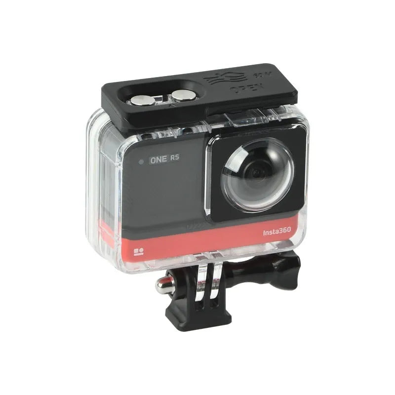 Transparent waterproof case for Insta360 One RS panoramic camera with dimensions showing