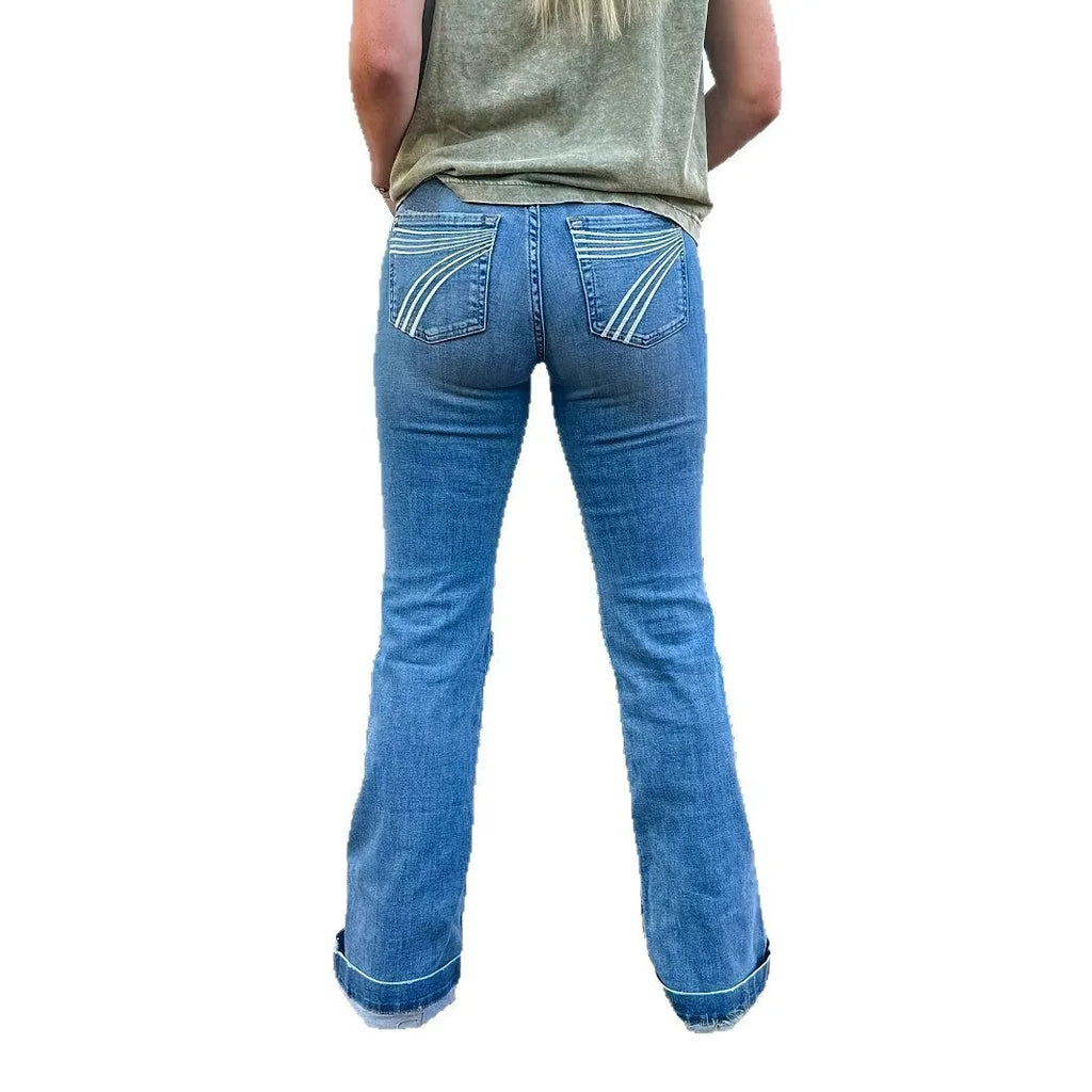 Slim fit blue denim jeans with embroidery on the leg, featuring a slight flare and a mid-rise waist.