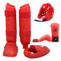 Karate taekwondo protective gear set with red leg guard, helmet, and boxing gloves for martial arts training
