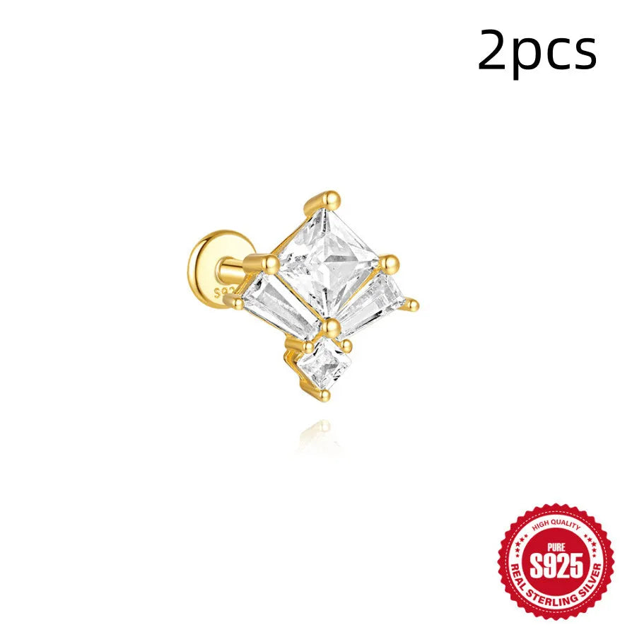 S925 sterling silver geometric chain stud earrings with zircon inlay in golden designs