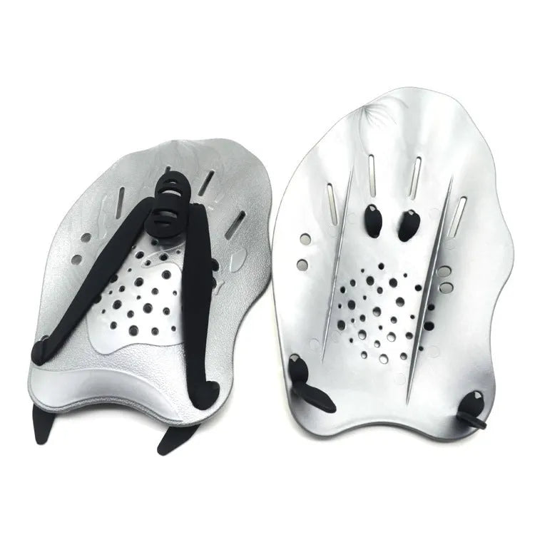 A pair of freestyle swim training paddles with hand webbing in multiple colour options on a blue background.
