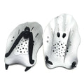 A pair of freestyle swim training paddles with hand webbing in multiple colour options on a blue background.