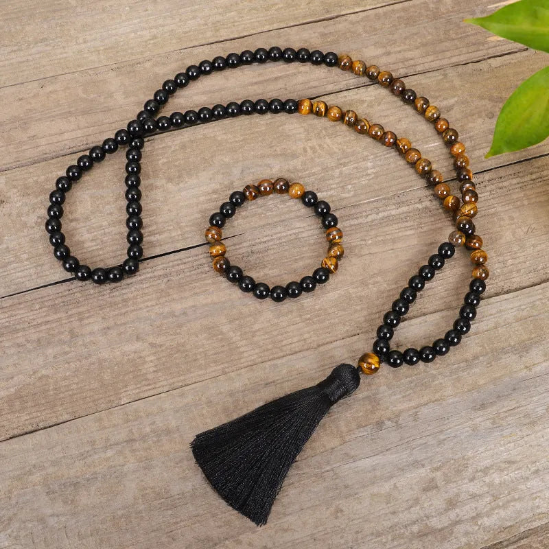 Tiger eye stone tassel necklace with 81cm length and ball bead chain, showing drop shape pendant