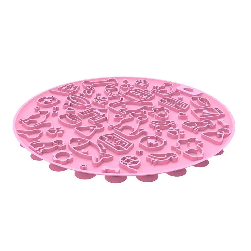 Round blue silicone pet lick mat with suction cup base on a white background.