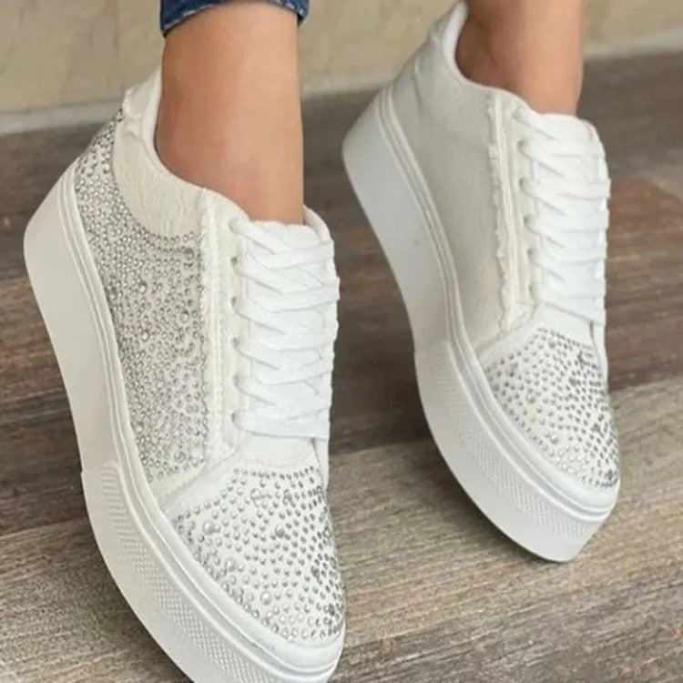Women's plus size black casual sports shoes with rhinestones, lace-up front, and chunky flat rubber sole