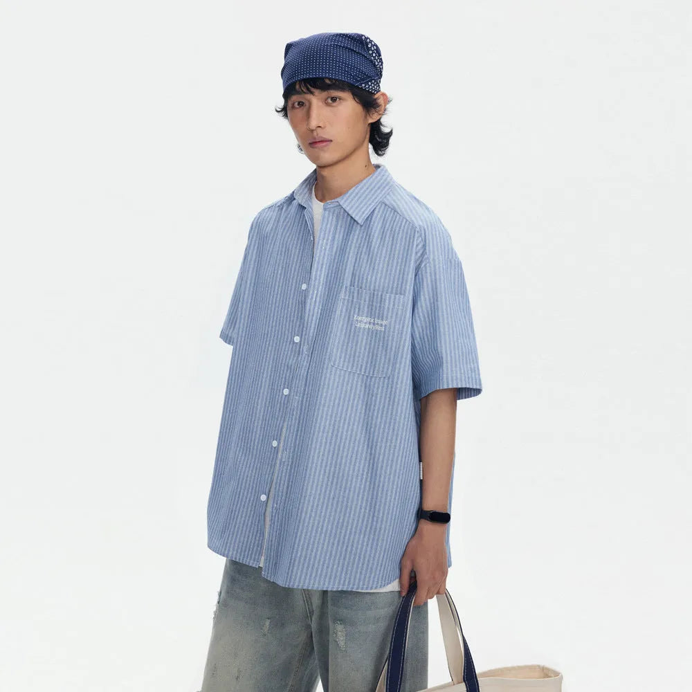 Blue striped loose-fitting short-sleeved overalls shirt for men and women