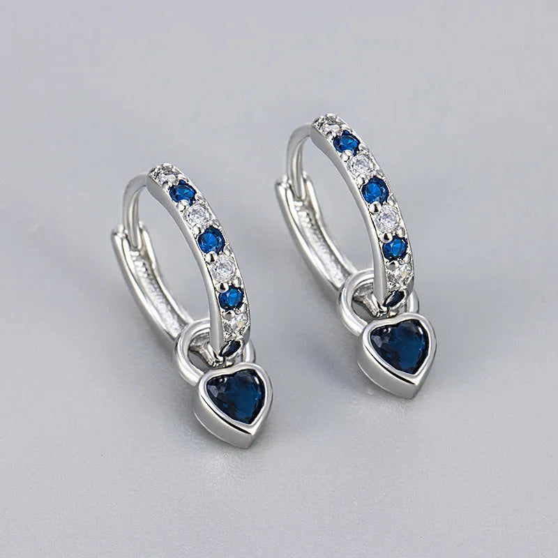 Women's heart drop earrings with coloured gemstone in gold or white gold colour metal