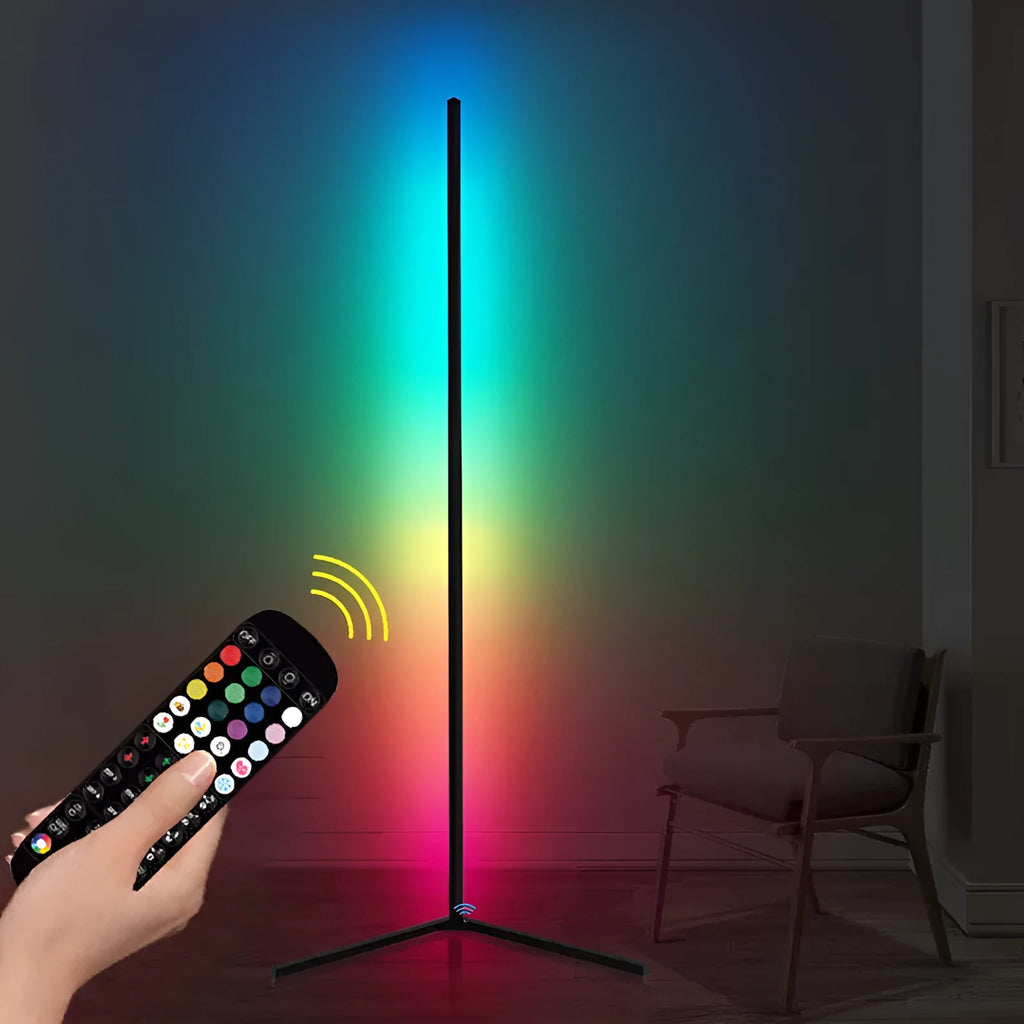 Black smart floor lamp with RGB colour changing and music synchronisation capabilities