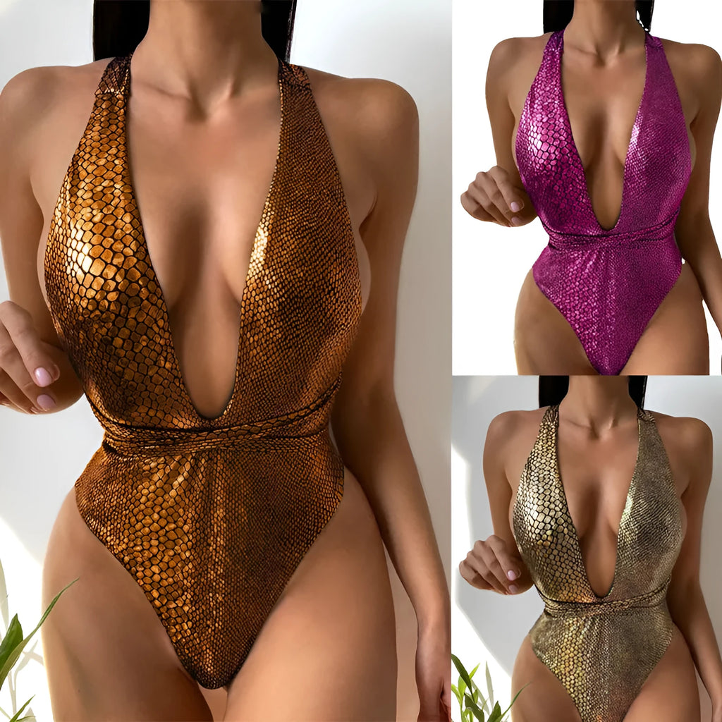 Women's rose red sequin one-piece swimsuit on a mannequin, showing full coverage design.