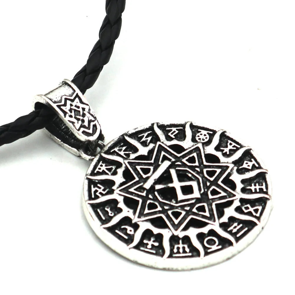 Lunavin ODing logo pendant necklace with snake bones chain and leather rope options in antique silver finish
