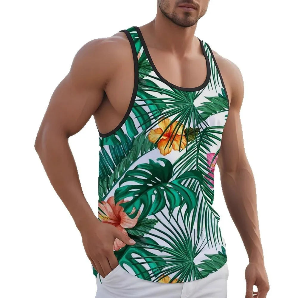 Men's 3D printed Hawaiian-style sleeveless vest in polyester pinhole cloth showing solid colour option