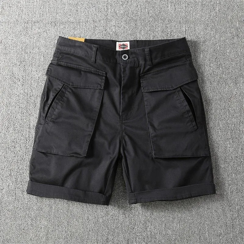 Men's stretch cotton cargo shorts in army green showing multiple pockets and straight-leg fit.