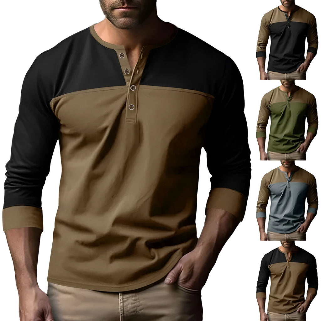 Men's long-sleeve Henley collar casual shirt in beaded twill polyester fabric