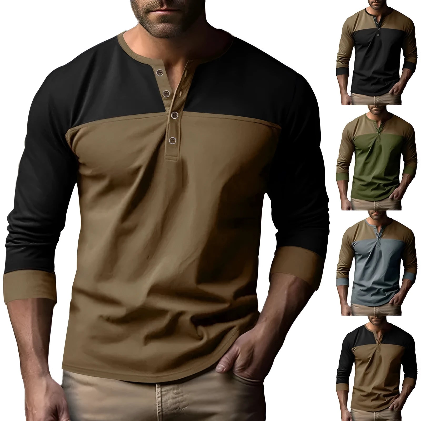 Men's long-sleeve Henley collar casual shirt in beaded twill polyester fabric