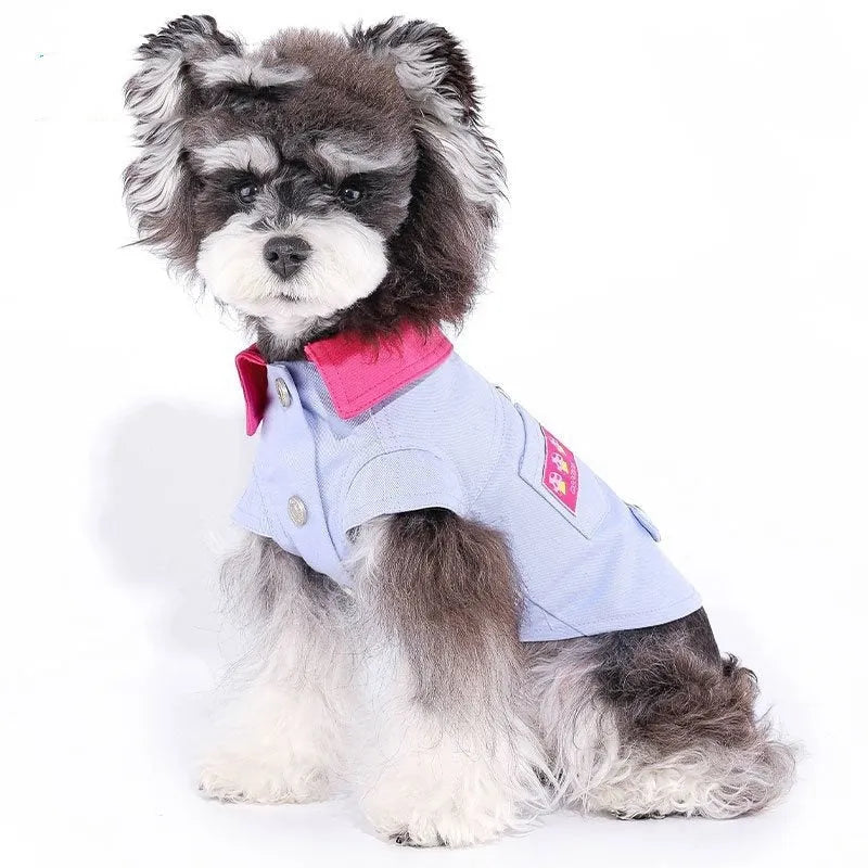 Blue and purple polyester dog vest harness with a metal lead attachment ring for small dogs.