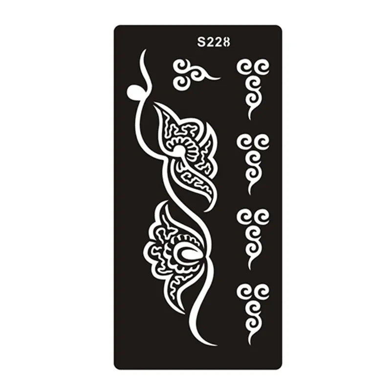 Sheet of hollow geometric and Southeast Asian style temporary tattoo templates on water transfer paper.