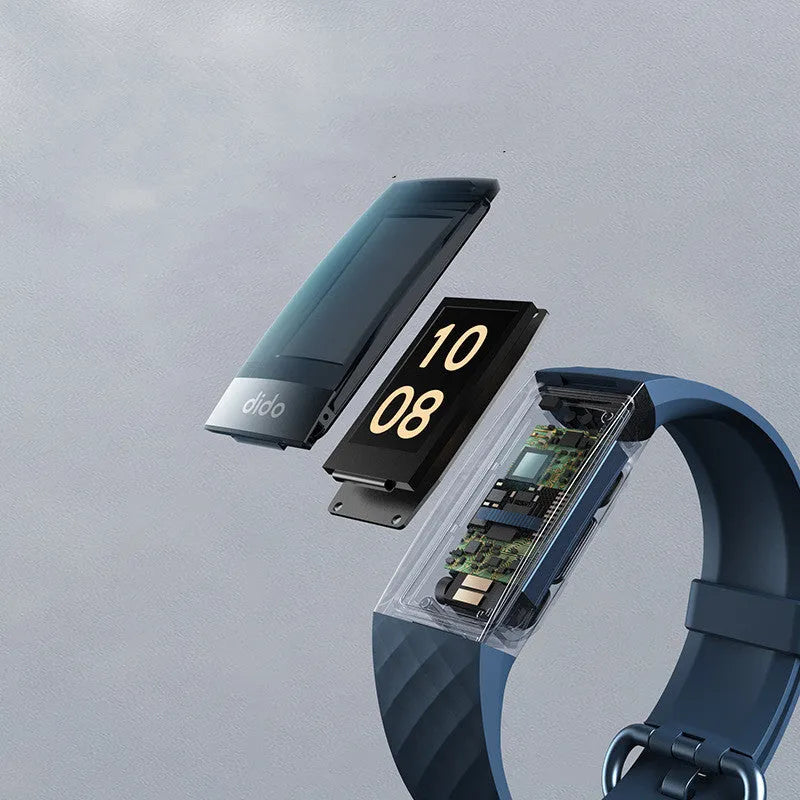 Black smart health bracelet with screen showing blood pressure and ECG readings on wrist.
