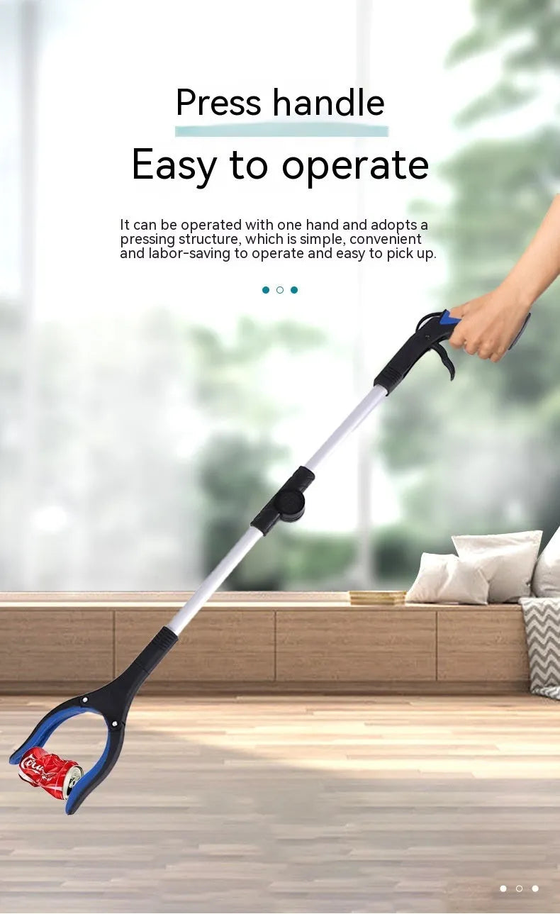 Foldable aluminium sanitation clamp with magnet, shown extended and collapsed with blue handle