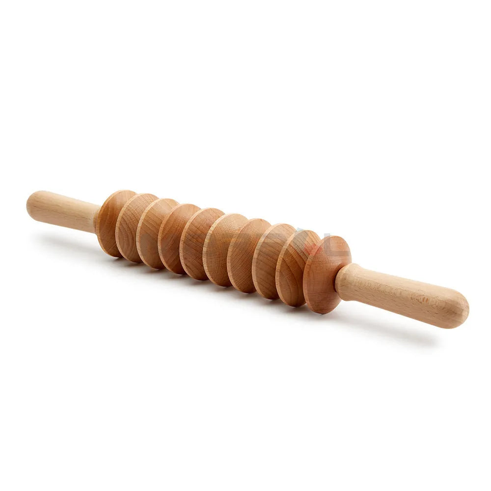 Natural beech wood massage roller set with multiple wheel configurations including straight and curved designs