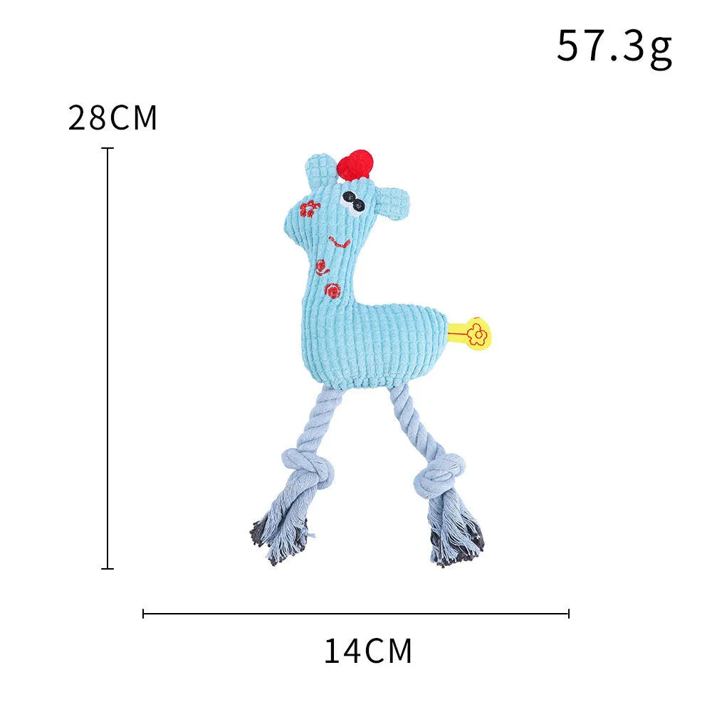 Deer shaped blue plush dog toy with corn grain texture and squeaker sound