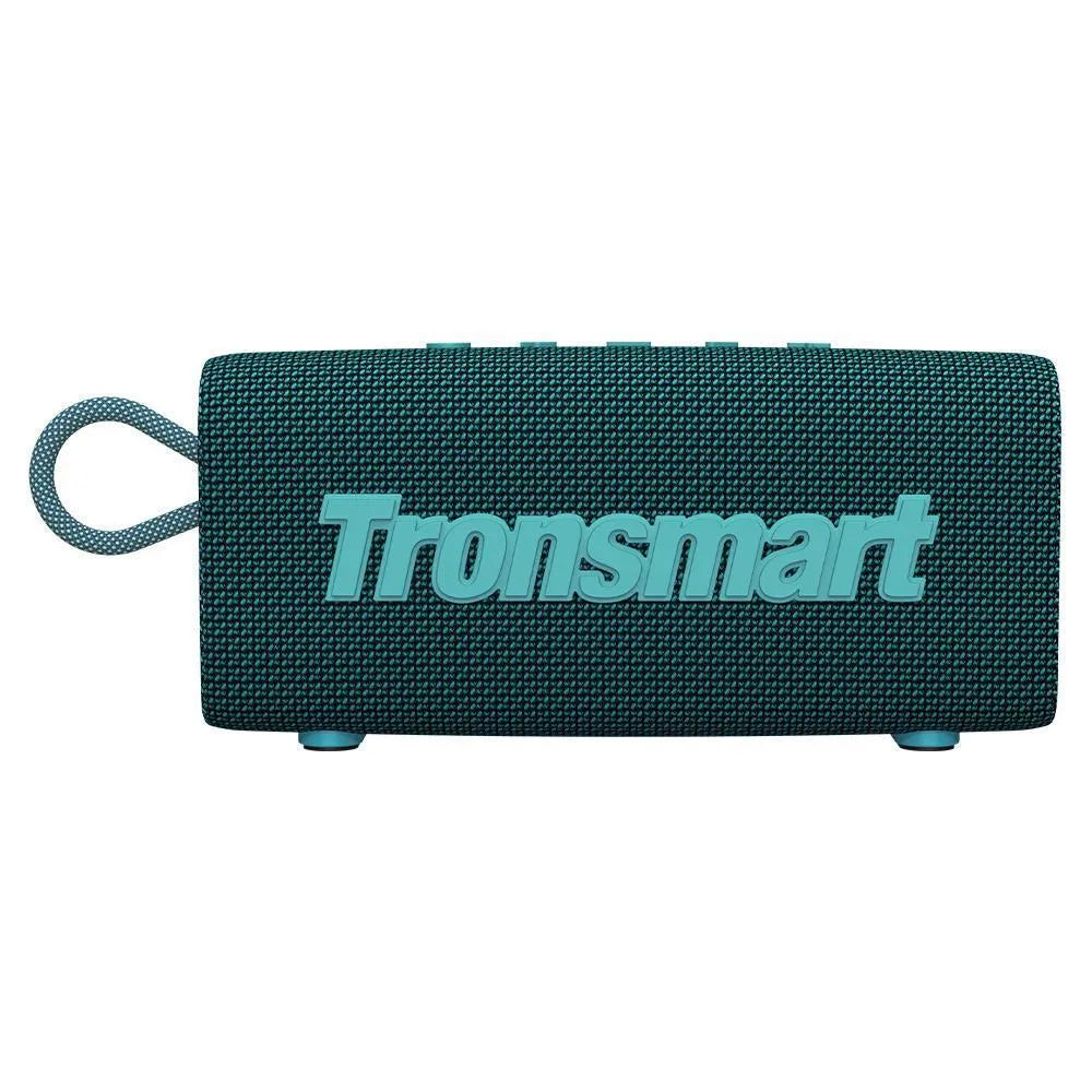 Portable waterproof Bluetooth speaker in black showing control buttons and lithium battery compartment