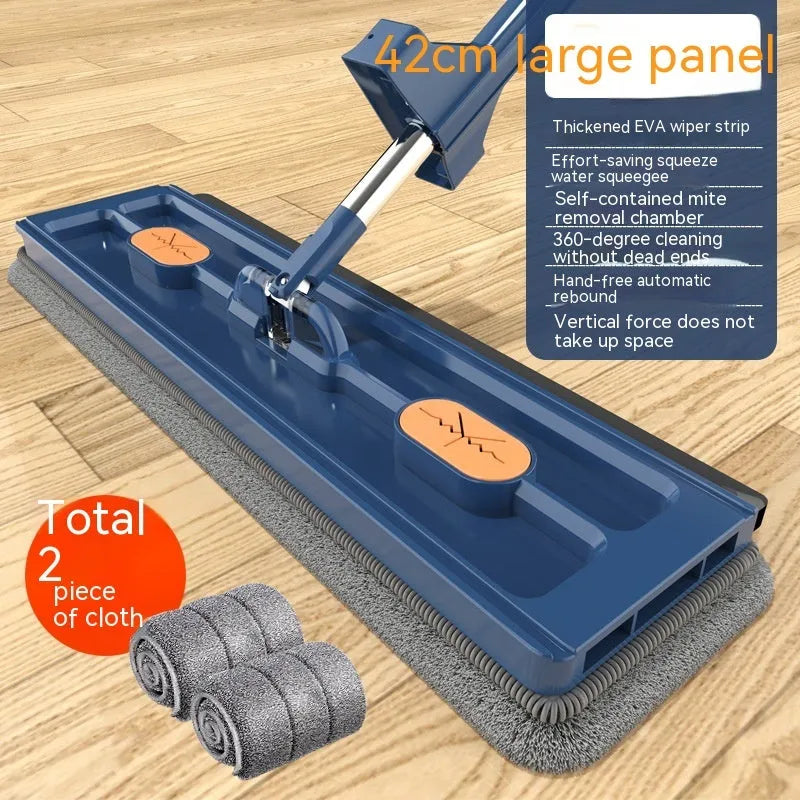 Large flat mop with long stainless steel handle and blue fine fibre cloth attached to a 360-degree rotating head.