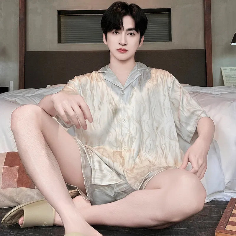 Men's ice silk summer pyjama set with cardigan top and shorts in satin jacquard pattern