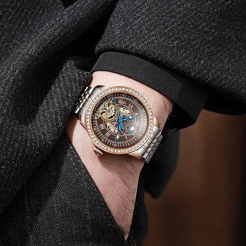 Men's waterproof mechanical watch with stainless steel strap and transparent case back showing movement