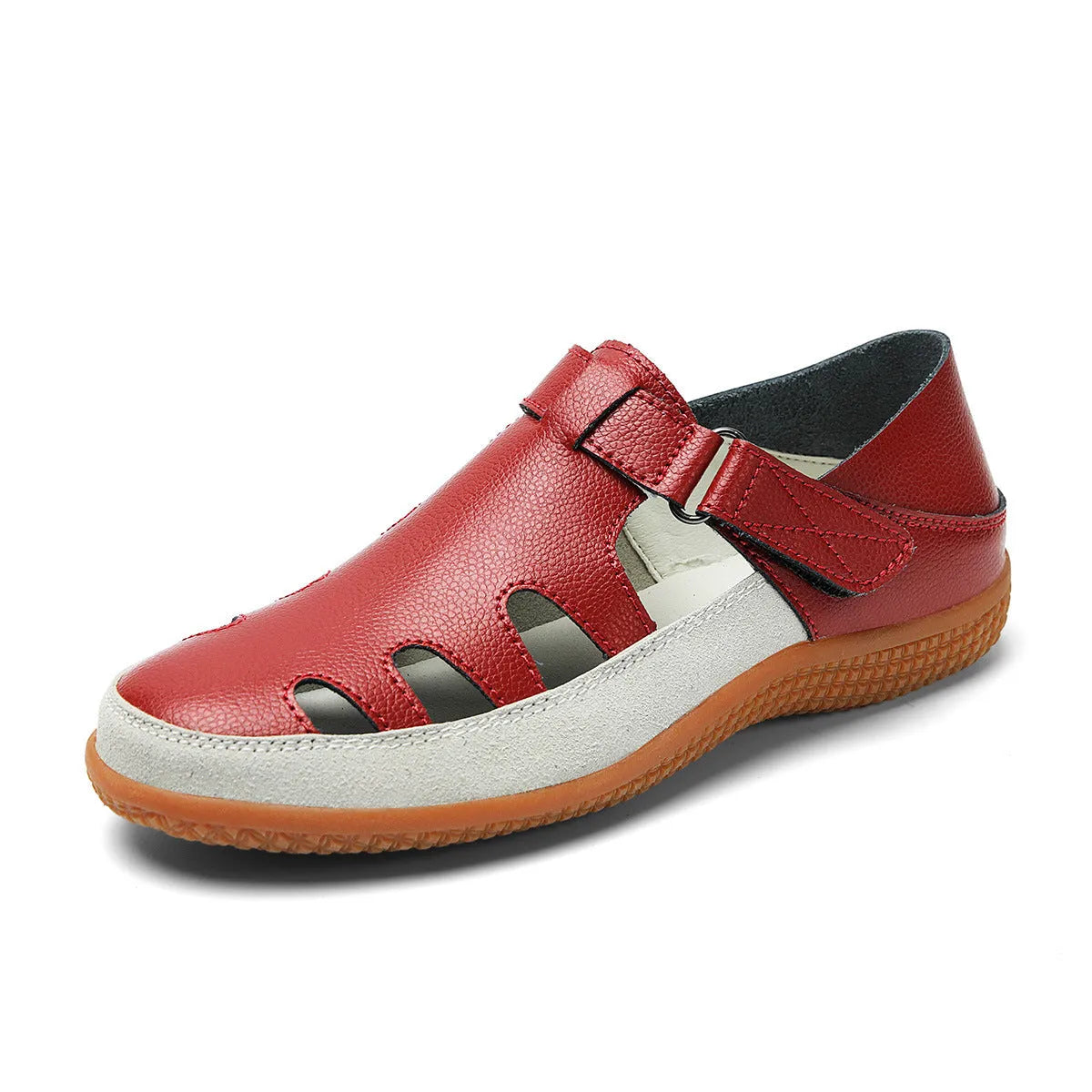 Plus size women's flat sandals with toe cap and hollow breathable design in blue, red, or white.