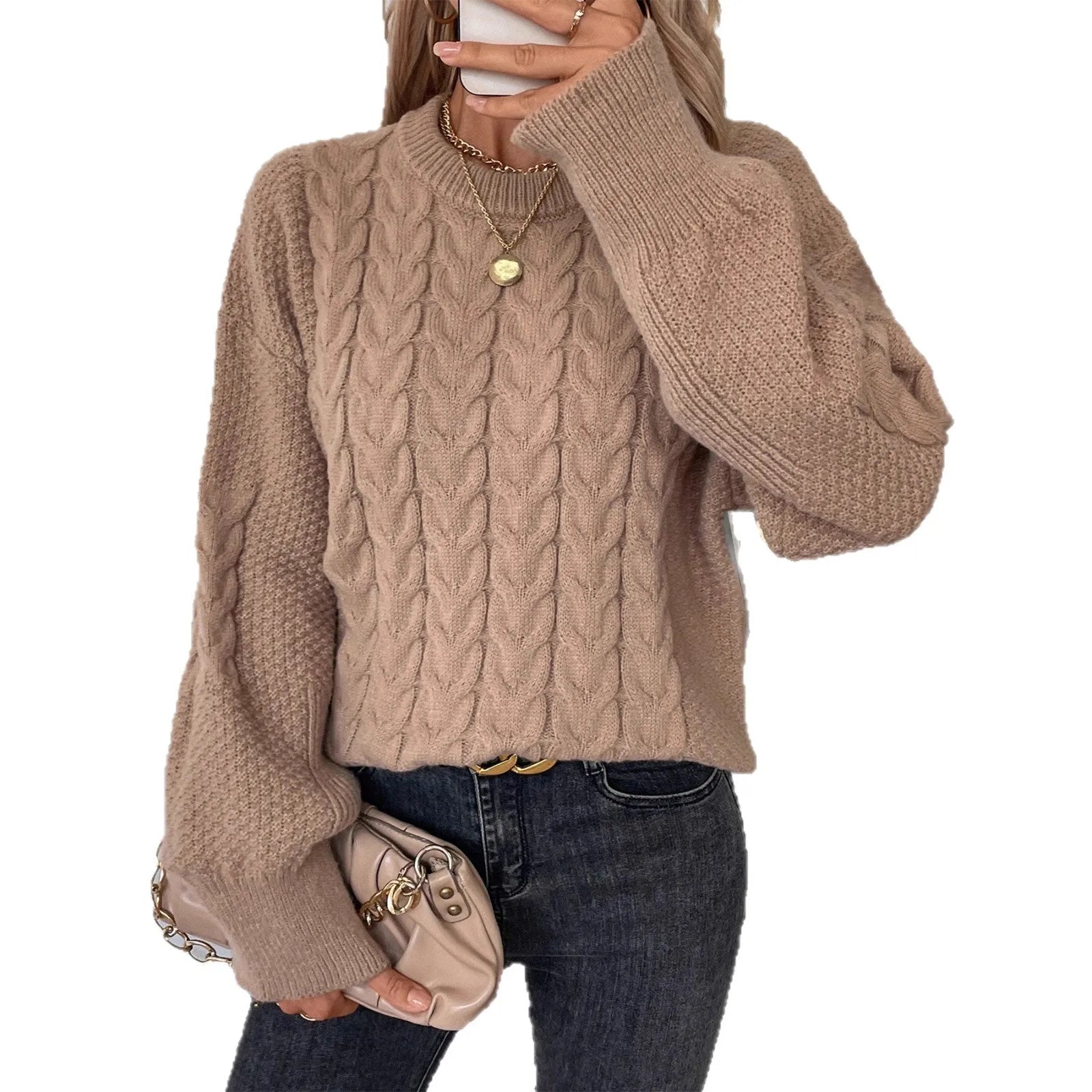 Women's khaki round neck sweater with twisted stitch detail and loose fit silhouette