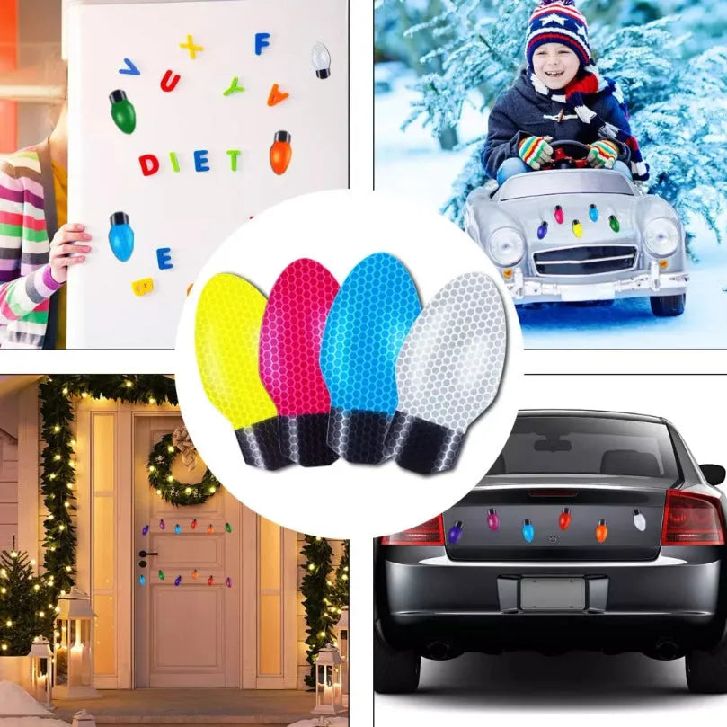 Magnetic reflective Christmas light bulb set with 24 bulbs and 12 wires on a metal surface.
