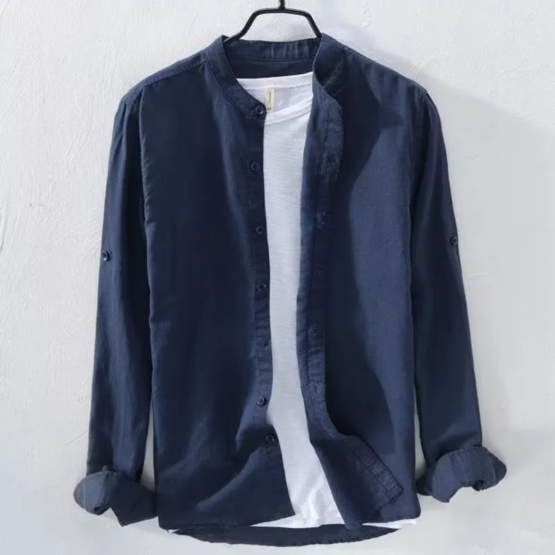 Men's loose fit linen cotton casual shirt in solid colours with long sleeves