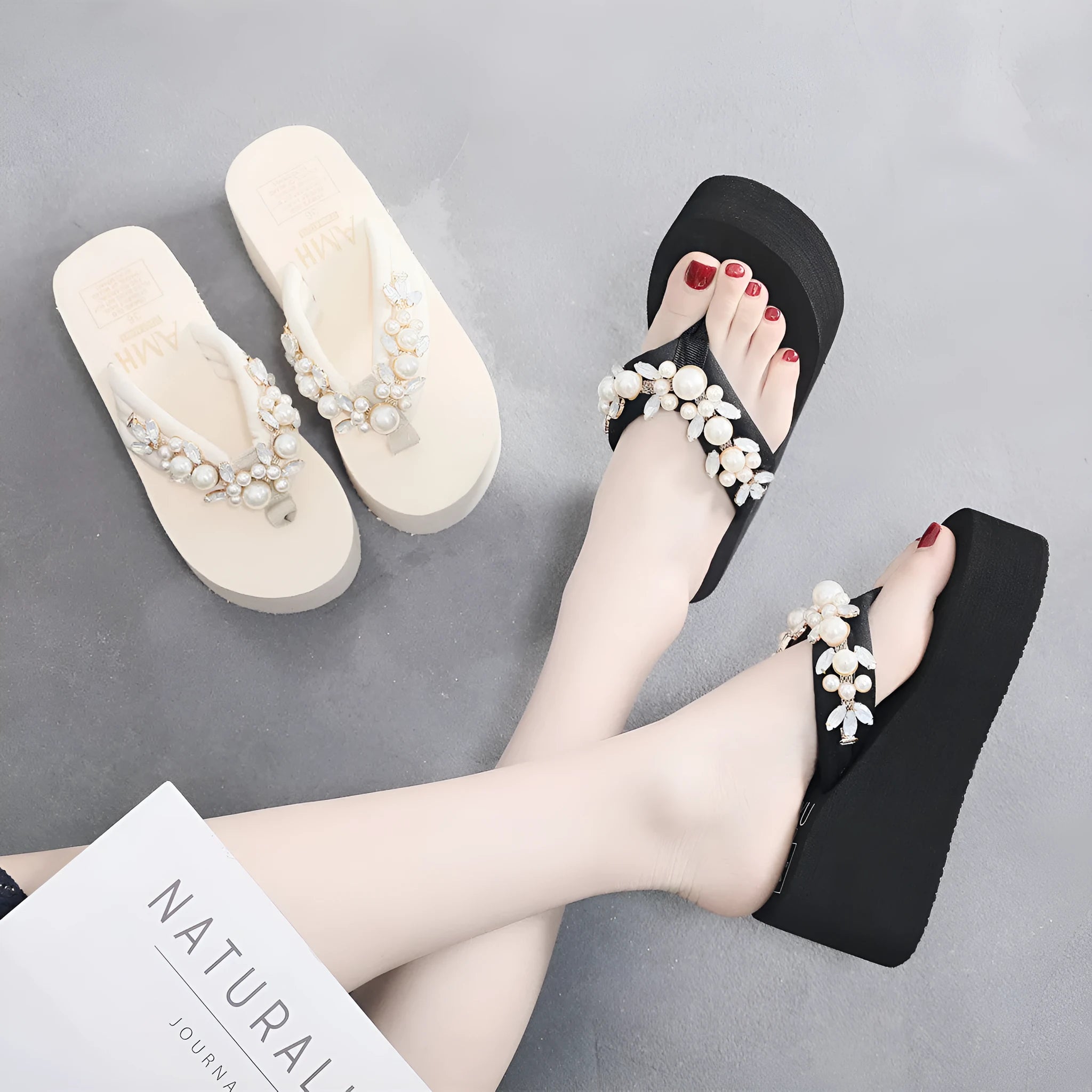 Women's black and beige heeled flip-flops with a cotton cloth upper, shown in sizes 35 to 40.