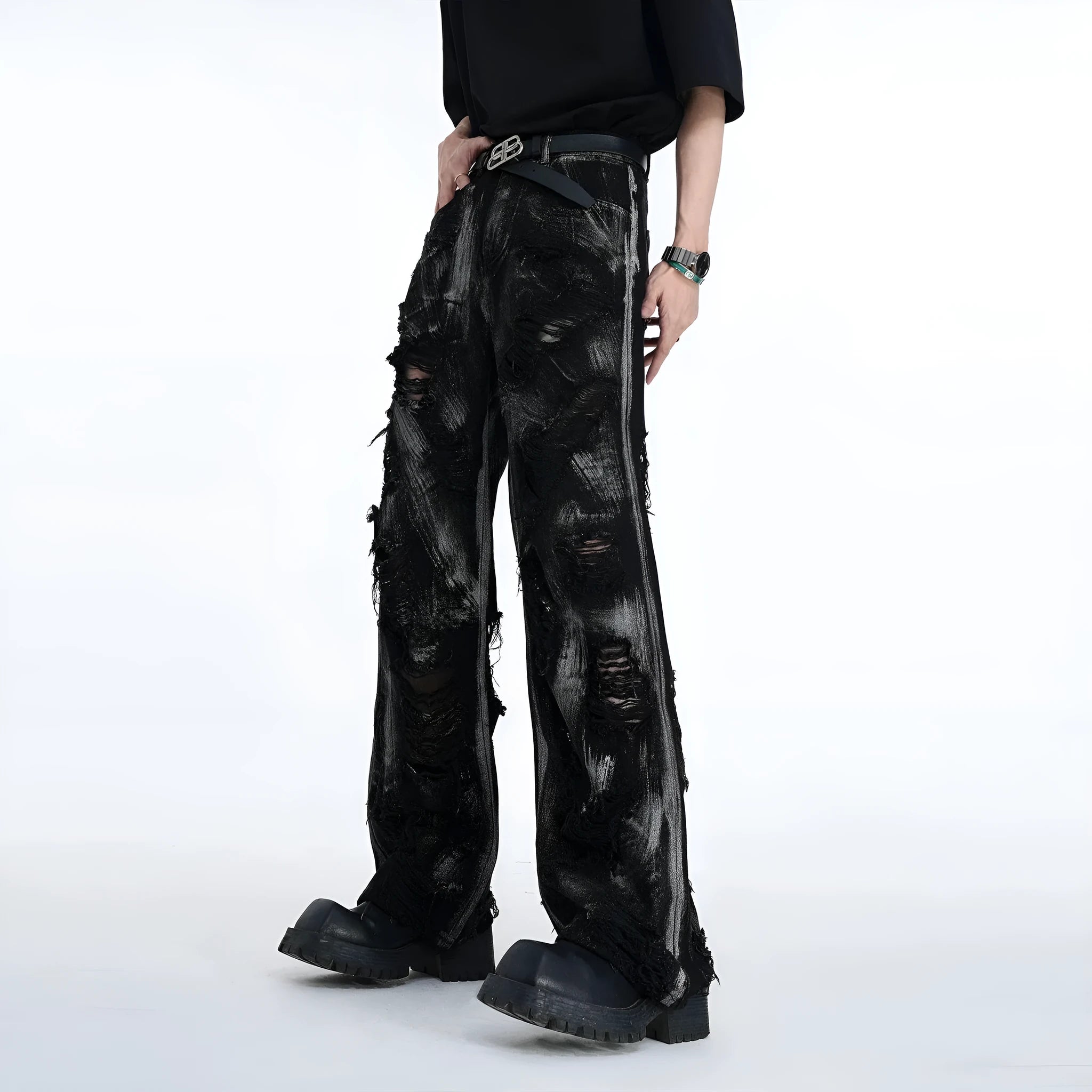 Men's heavyweight washed denim trousers in American wasteland style with graffiti details on a mid waist cut.